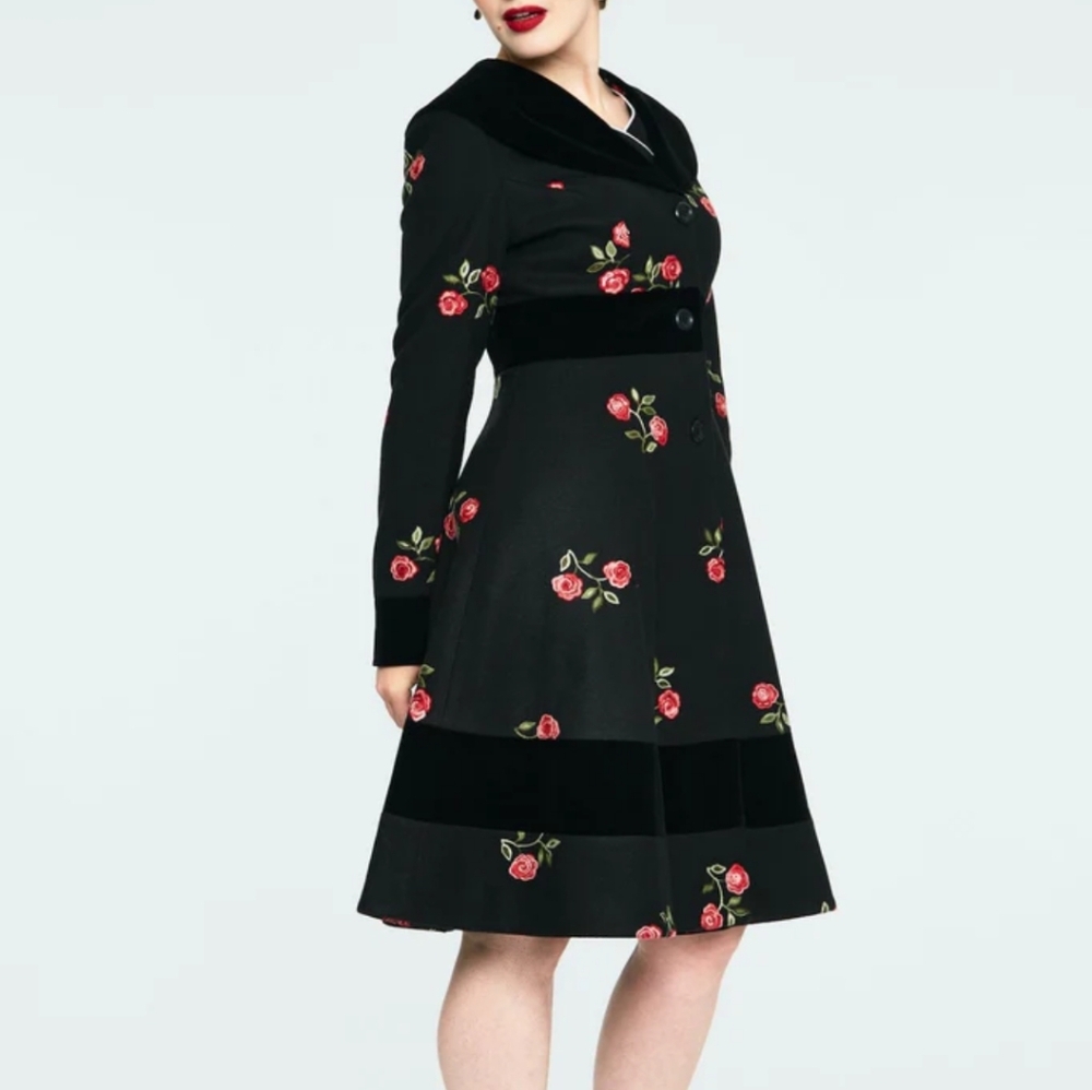 Voodoo Vixen Black Trench Coat with Red Floral Embroidery